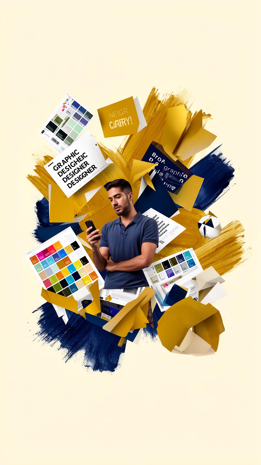 The Graphic Bro — creative collage of a graphic designer surrounded by floating typography, color swatches and brand assets in mustard and navy