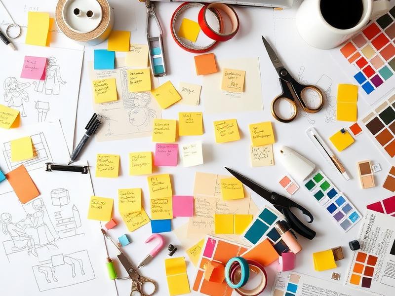Designer workspace with sticky notes, sketches and color swatches — custom graphic design projects