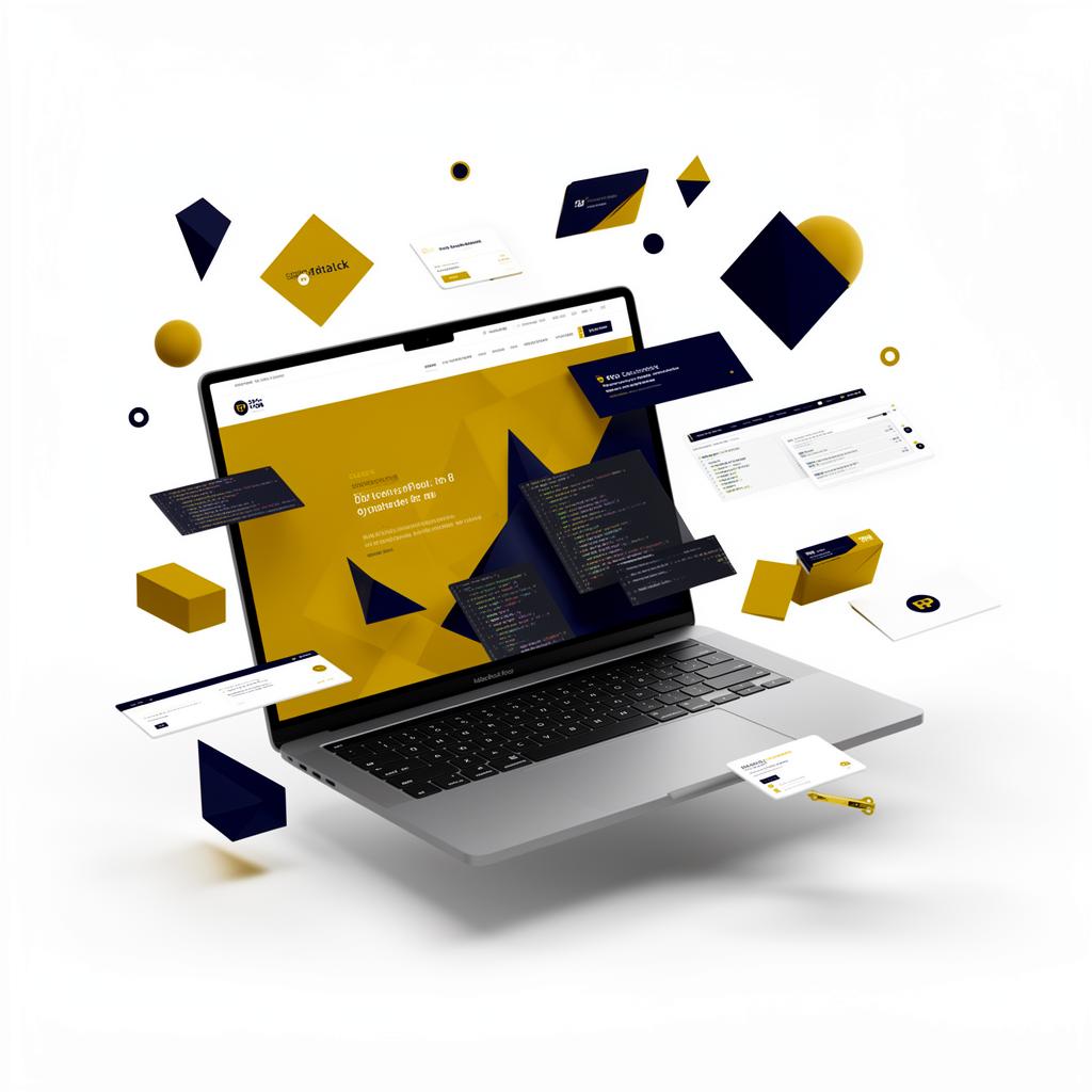 Mak Pro Design website project — laptop displaying a modern mustard and navy website surrounded by floating UI cards, code snippets and brand assets