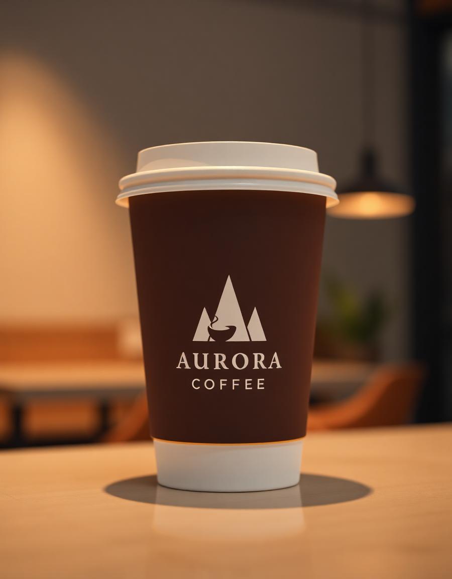 Aurora Coffee branded takeaway cup with mountain logo on a cafe table — coffee brand identity by The Graphic Bro