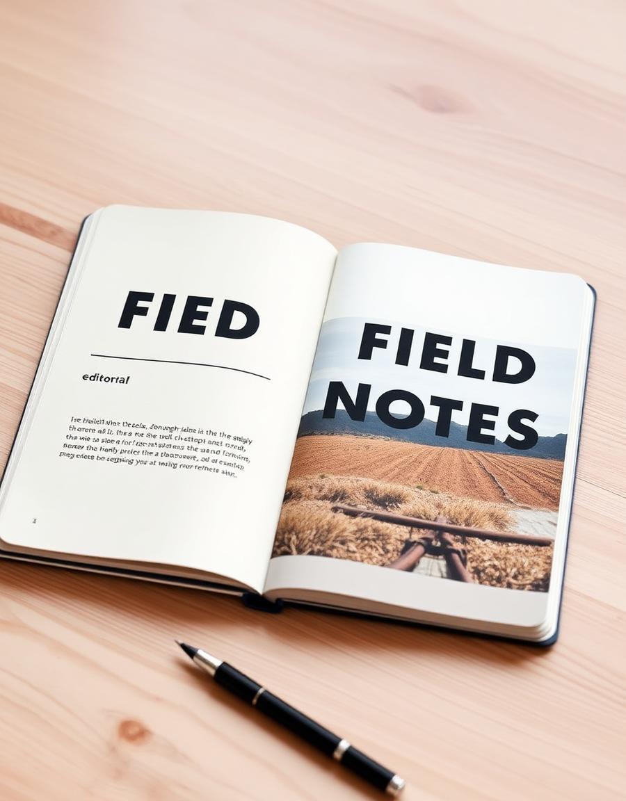 Field Notes editorial book opened to a bold typography spread on a wooden desk — editorial design by The Graphic Bro