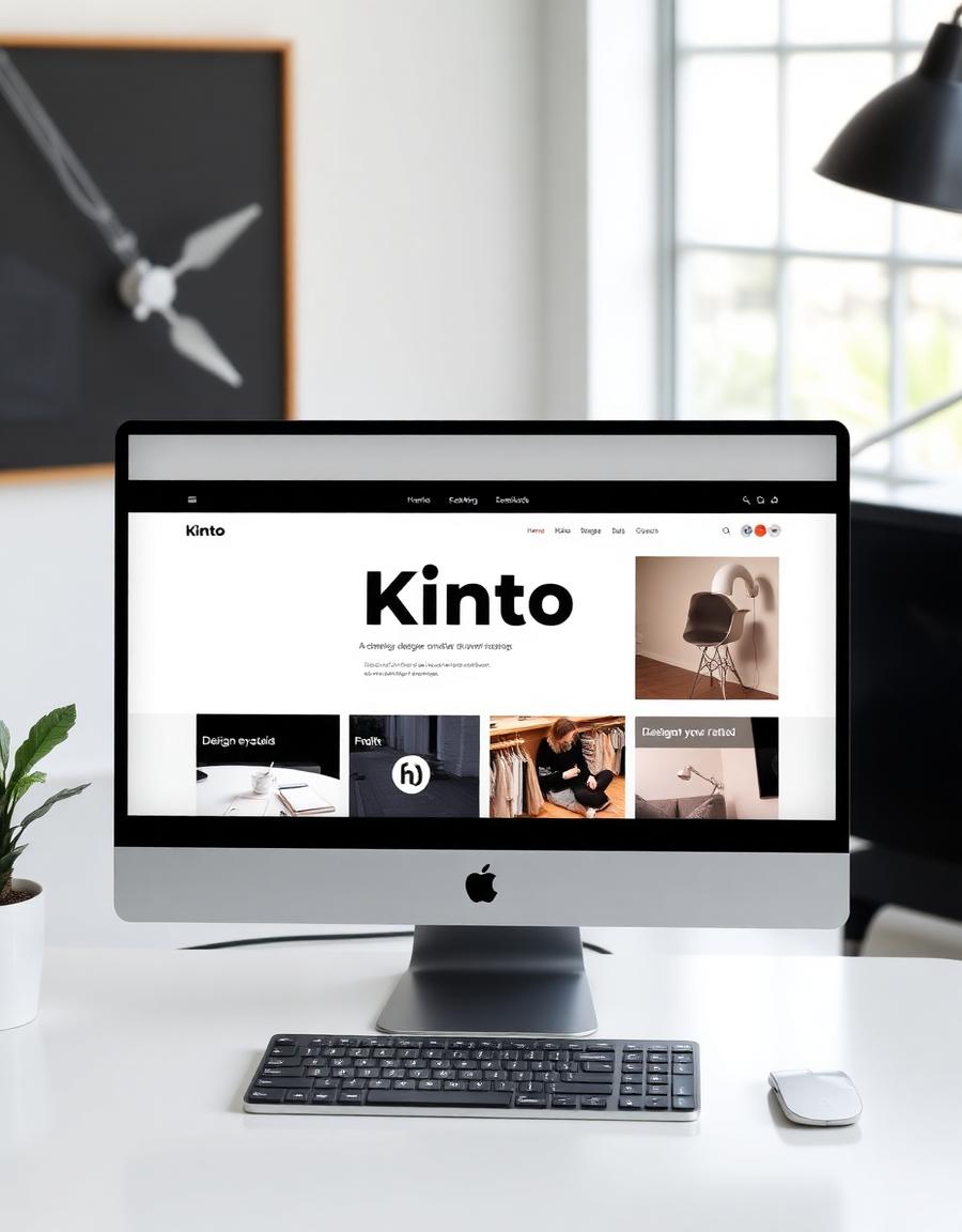 Kinto minimal e-commerce homepage shown on a desktop monitor in a studio — web design by The Graphic Bro