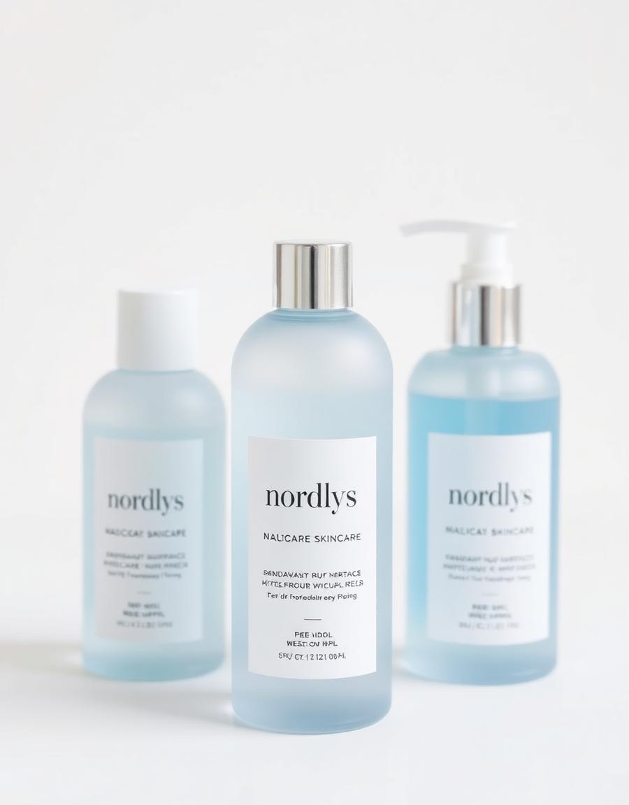 Nordlys Scandinavian skincare frosted glass bottles with minimal labels — packaging design by The Graphic Bro