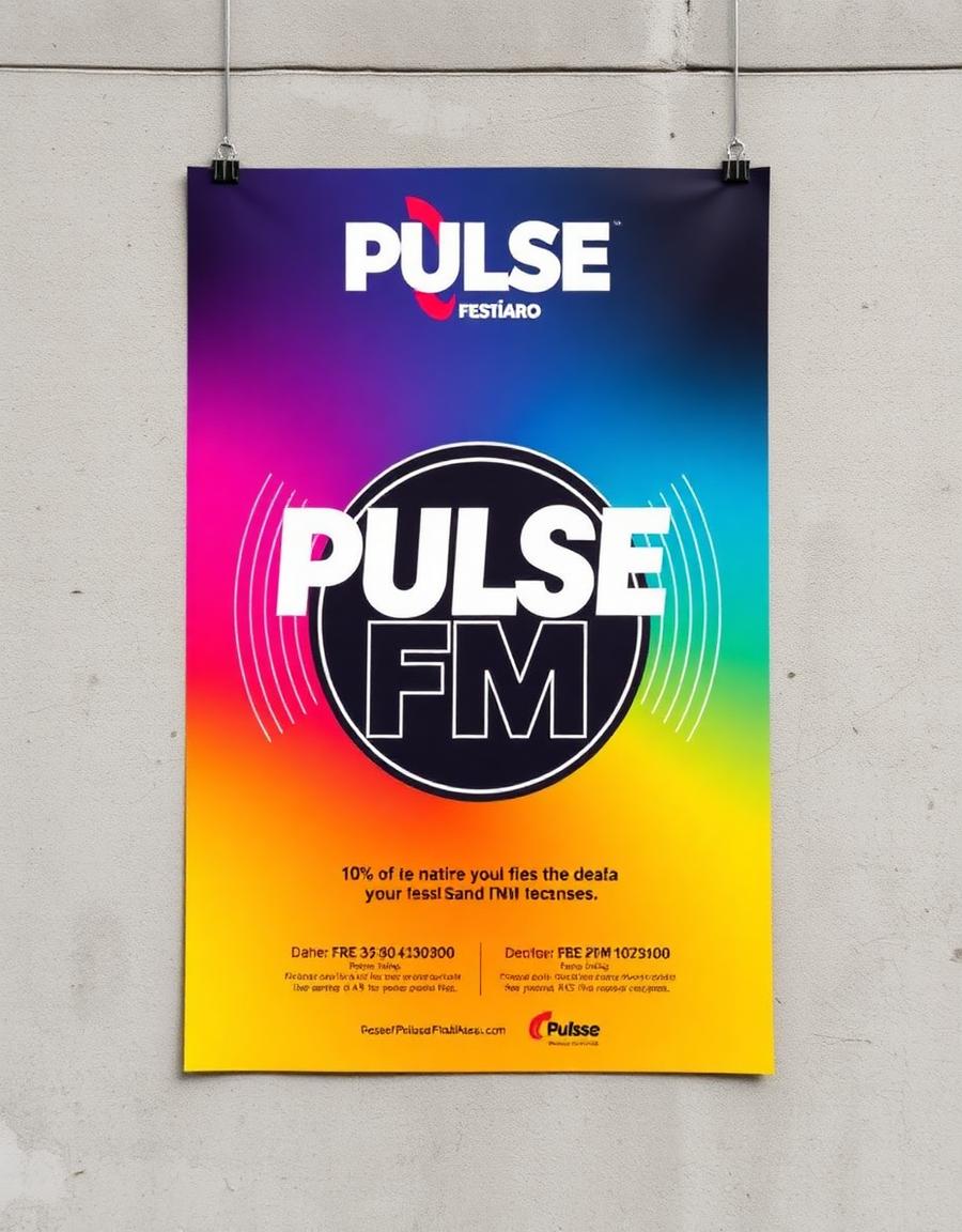 Pulse FM gradient music festival poster mounted on a concrete wall — poster design by The Graphic Bro