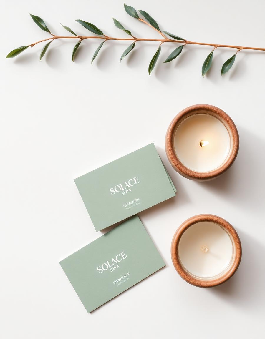Solace Spa sage green business cards with candles and eucalyptus — wellness brand identity by The Graphic Bro
